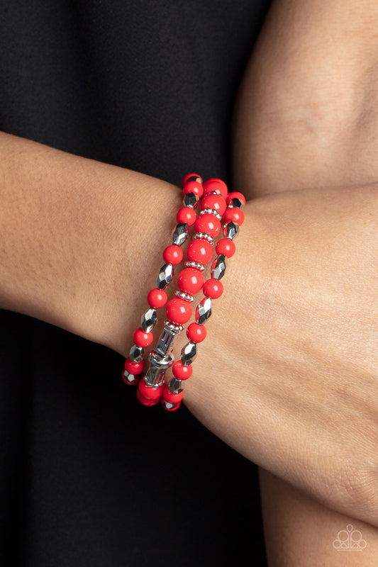 Colorfully Coiled - Red Beads, Silver Beads, & Silver Ring Paparazzi Coil Bracelet