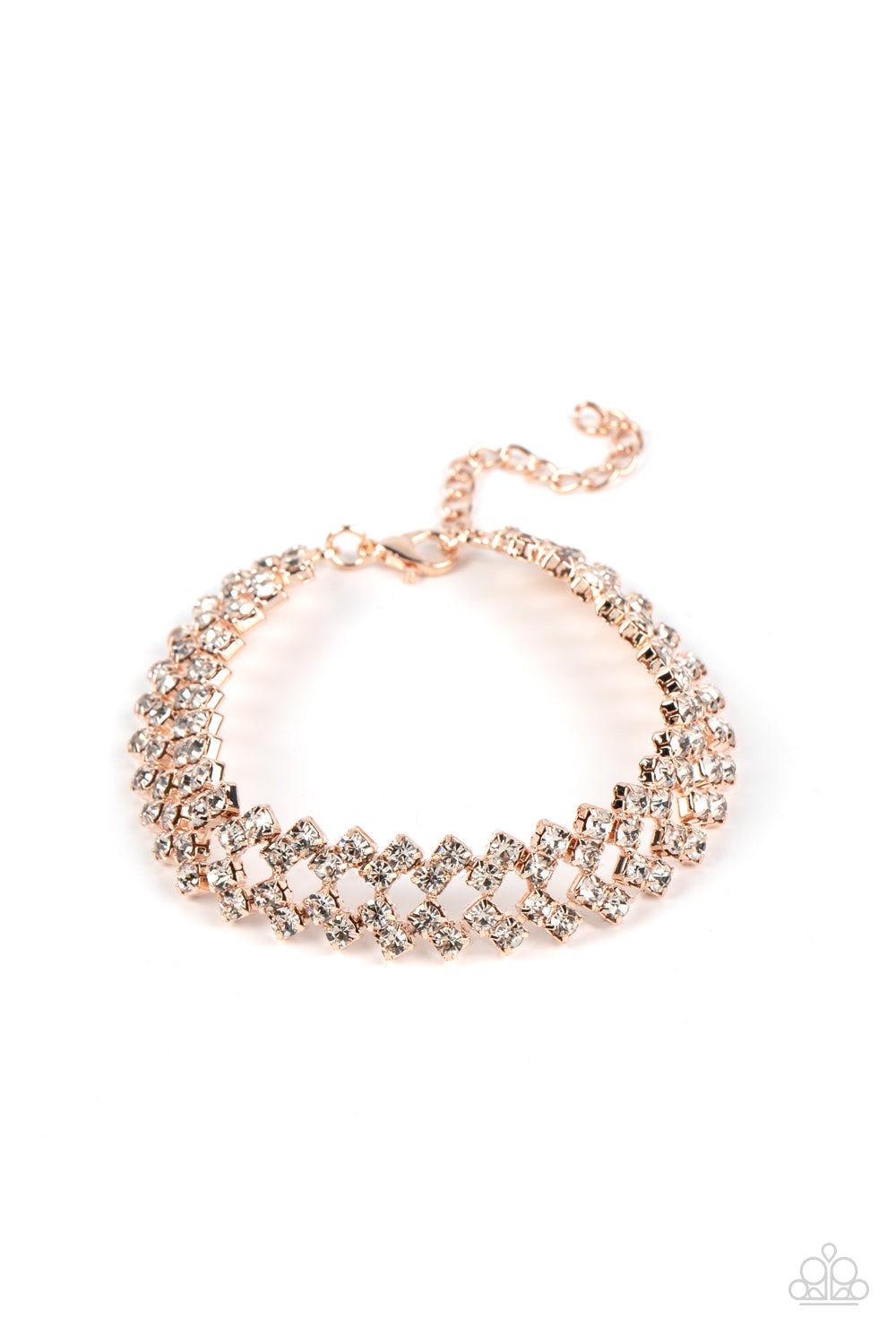 Seize the Sizzle - Rose Gold & White Rhinestone Haphazard Stack Paparazzi Adjustable Bracelet