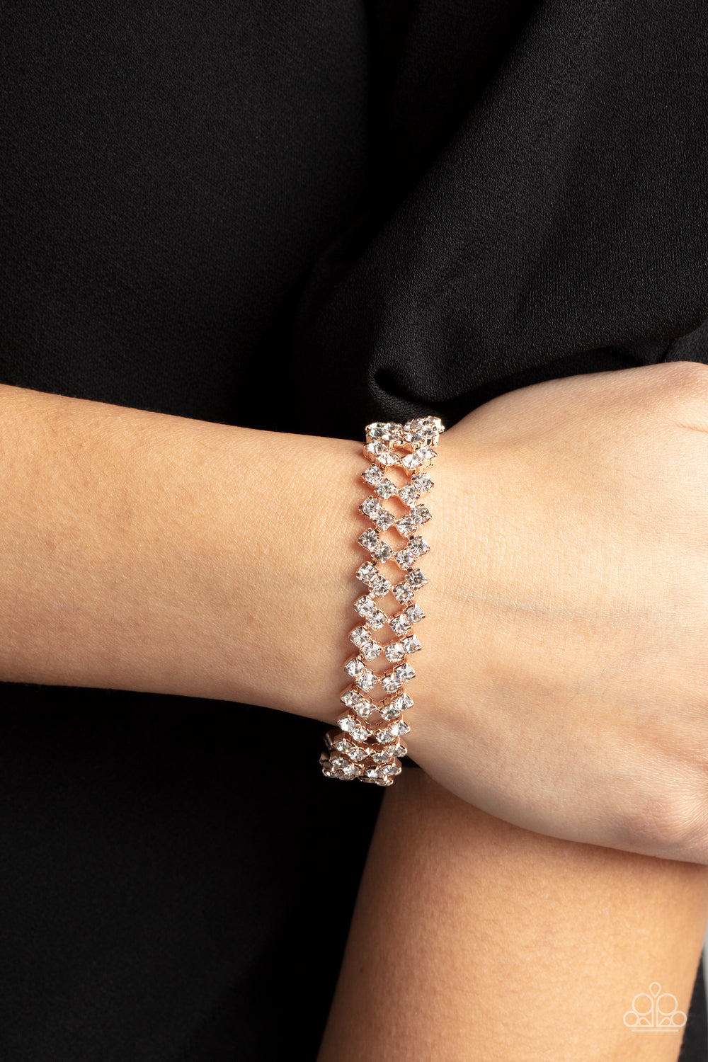 Seize the Sizzle - Rose Gold & White Rhinestone Haphazard Stack Paparazzi Adjustable Bracelet