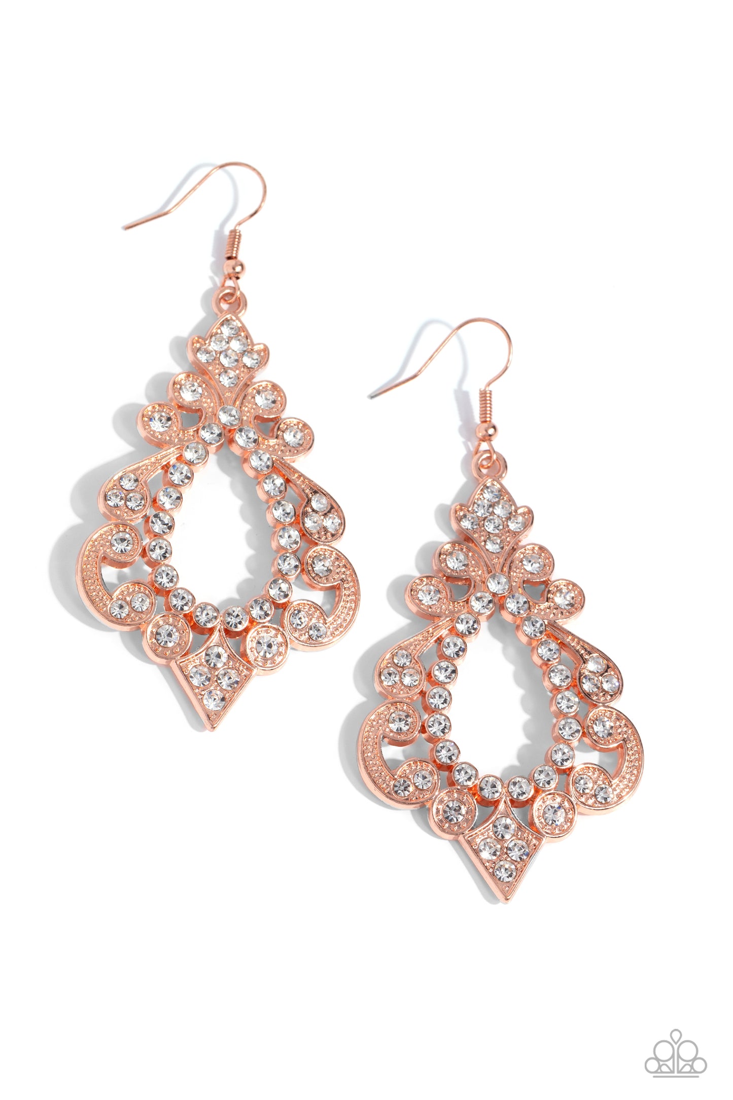 Fit for a DIVA - Copper Filigree Frames/White Rhinestones Paparazzi Earrings