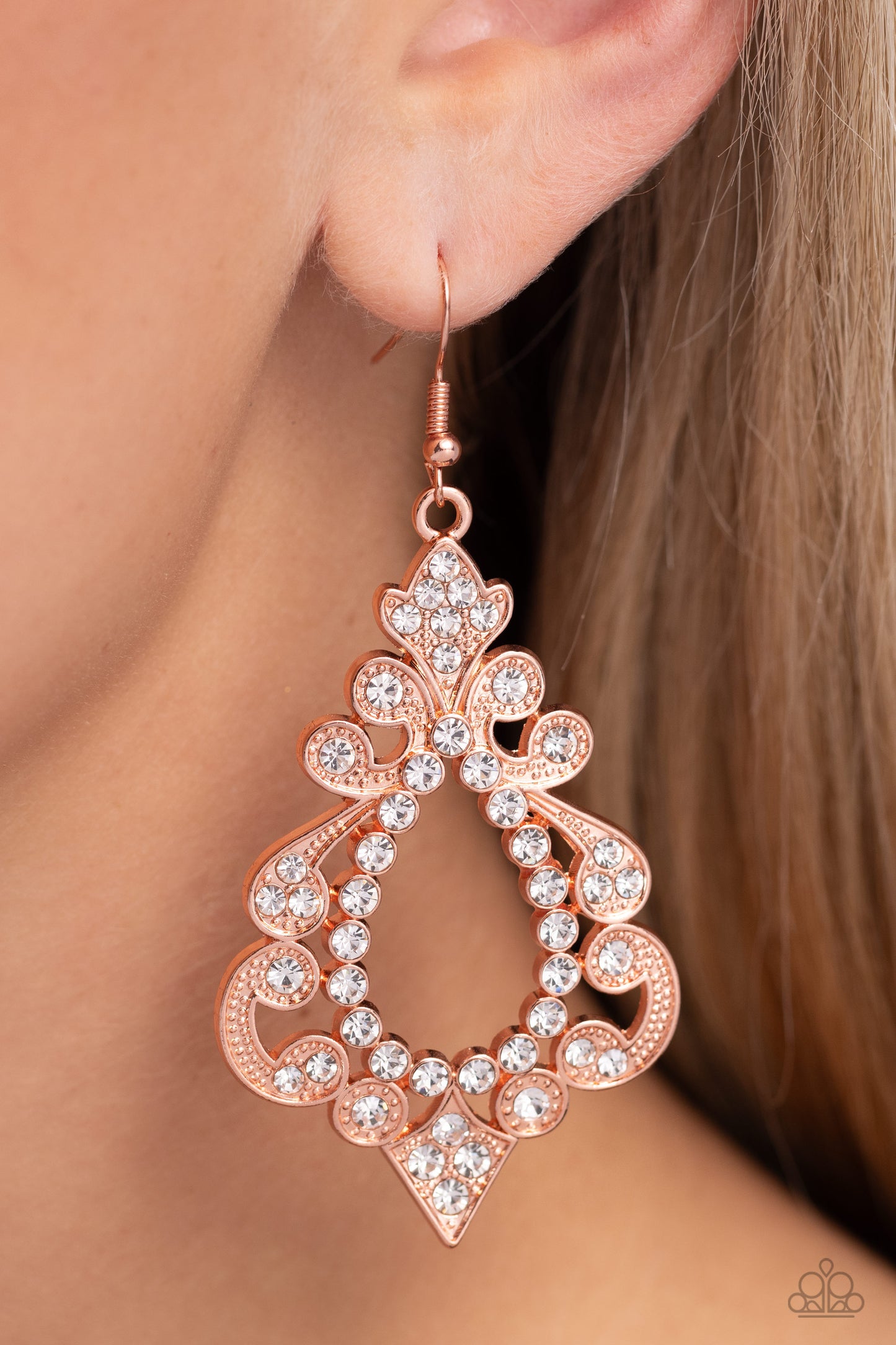 Fit for a DIVA - Copper Filigree Frames/White Rhinestones Paparazzi Earrings