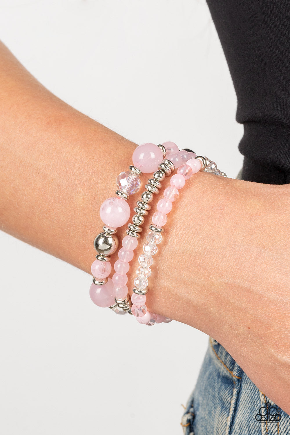 Shoreside Stroll - Pink Mismatched Beads, White Crystal-Like Beads, & Silver Accent Paparazzi Set of 3 Stretch Bracelets