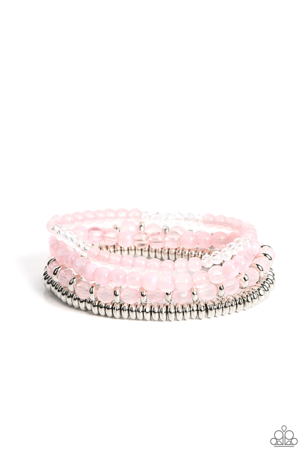 Destination Dreamscape - Pink Opaque, Crystal-Like, Silver Accent, White Beaded Set of 4 Paparazzi Stretch Bracelets