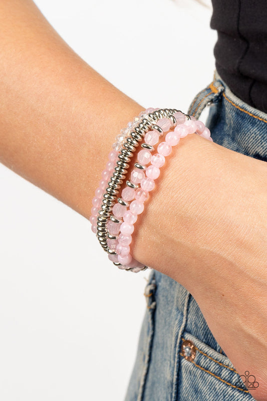 Destination Dreamscape - Pink Opaque, Crystal-Like, Silver Accent, White Beaded Set of 4 Paparazzi Stretch Bracelets