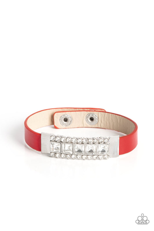 Rebel Reputation - Red Leather Band & White Rhinestone Encrusted Frame Paparazzi Snap Bracelet