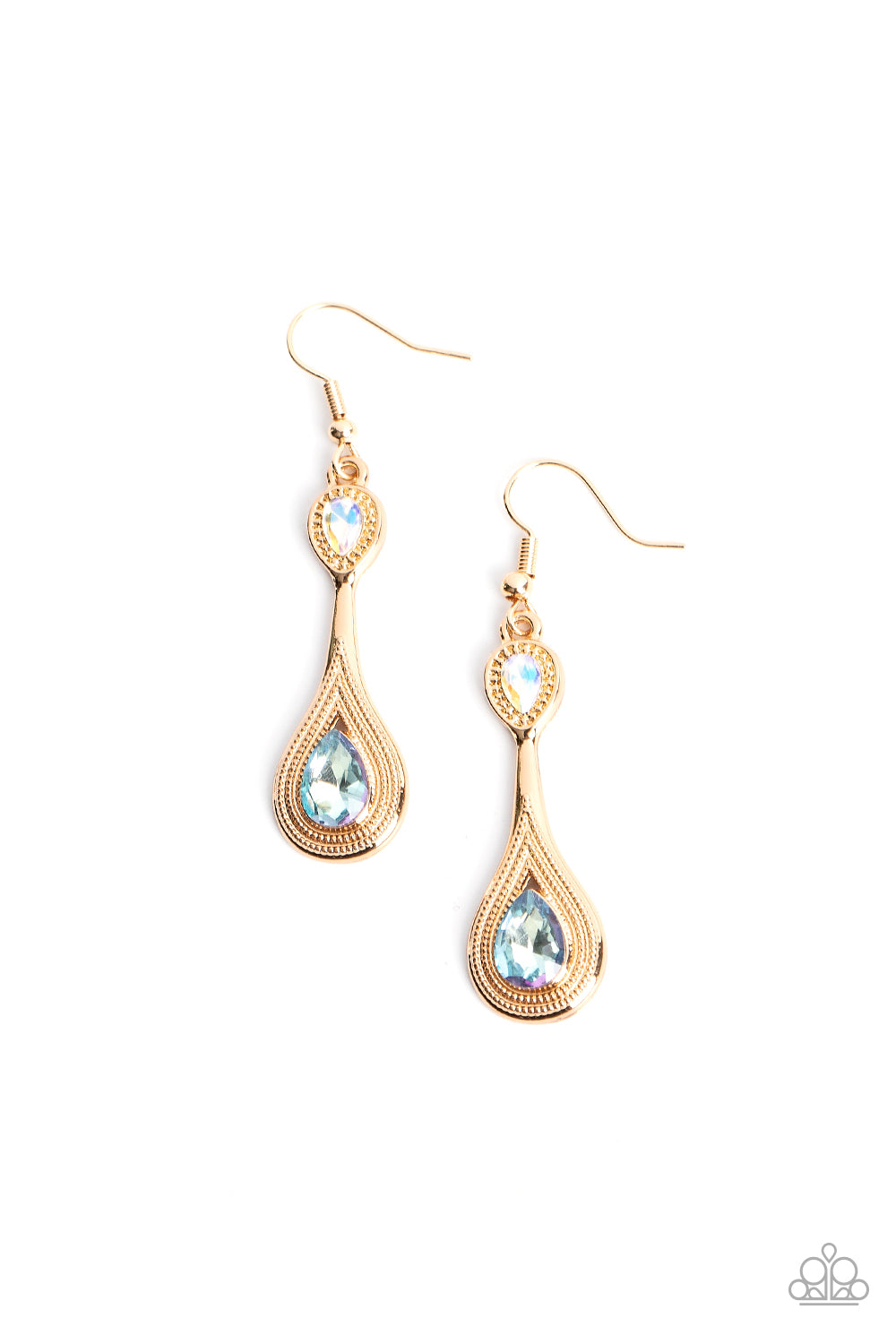 Dazzling Droplets - Multi Iridescent Rhinestones & Extended Gold Lure Paparazzi Earrings