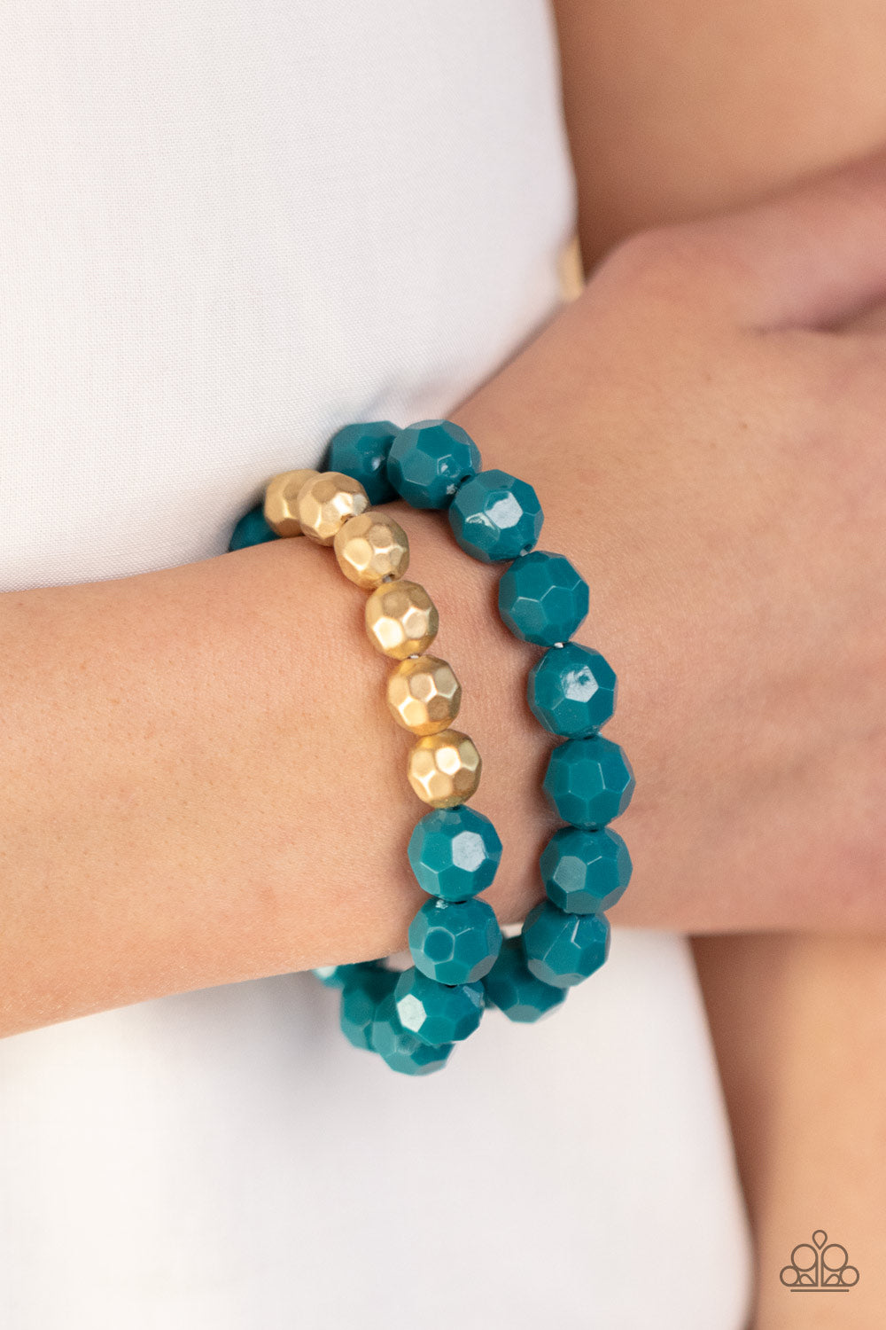 Grecian Glamour - Blue & Gold Faceted Beaded Paparazzi Stretch Bracelet