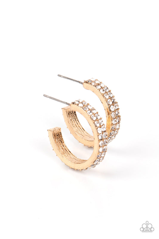 Positively Petite - Gold & White Rhinestone Paparazzi Mini Hoop Earrings