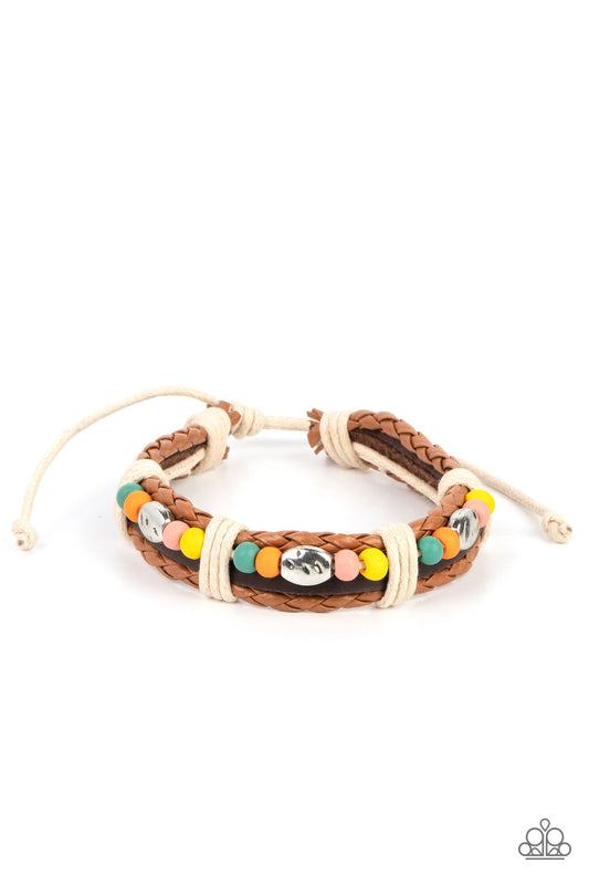 Lodge Luxe - Multi Wooden Bead, Textured Silver Accent, Cording, Brown Leather Paparazzi Urban Bracelet