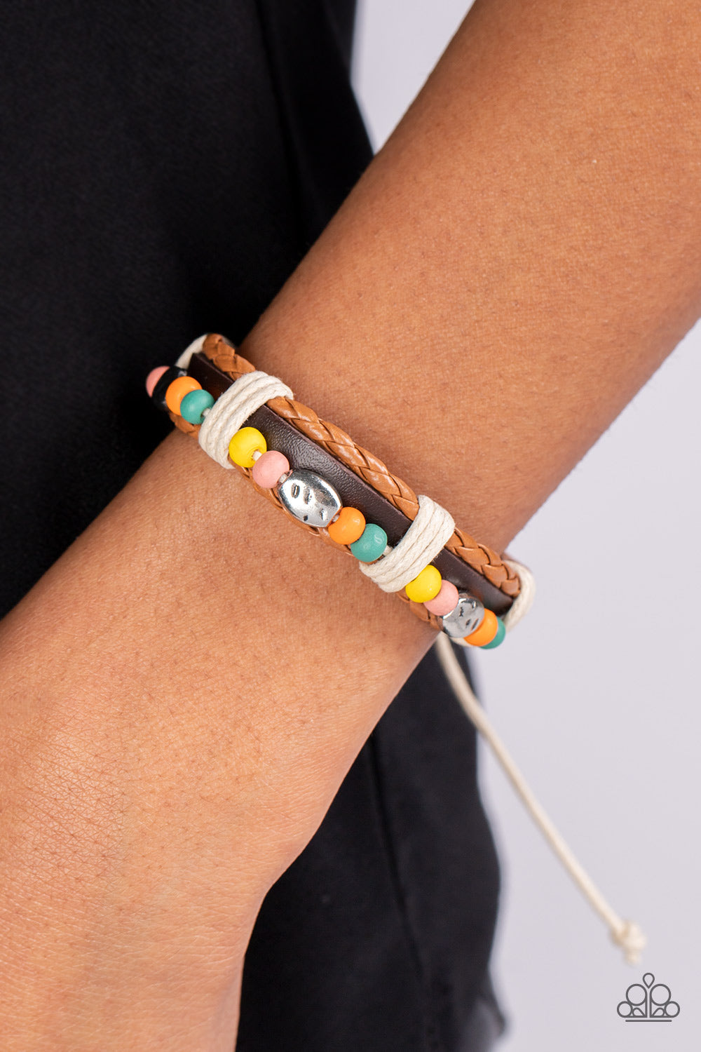 Lodge Luxe - Multi Wooden Bead, Textured Silver Accent, Cording, Brown Leather Paparazzi Urban Bracelet