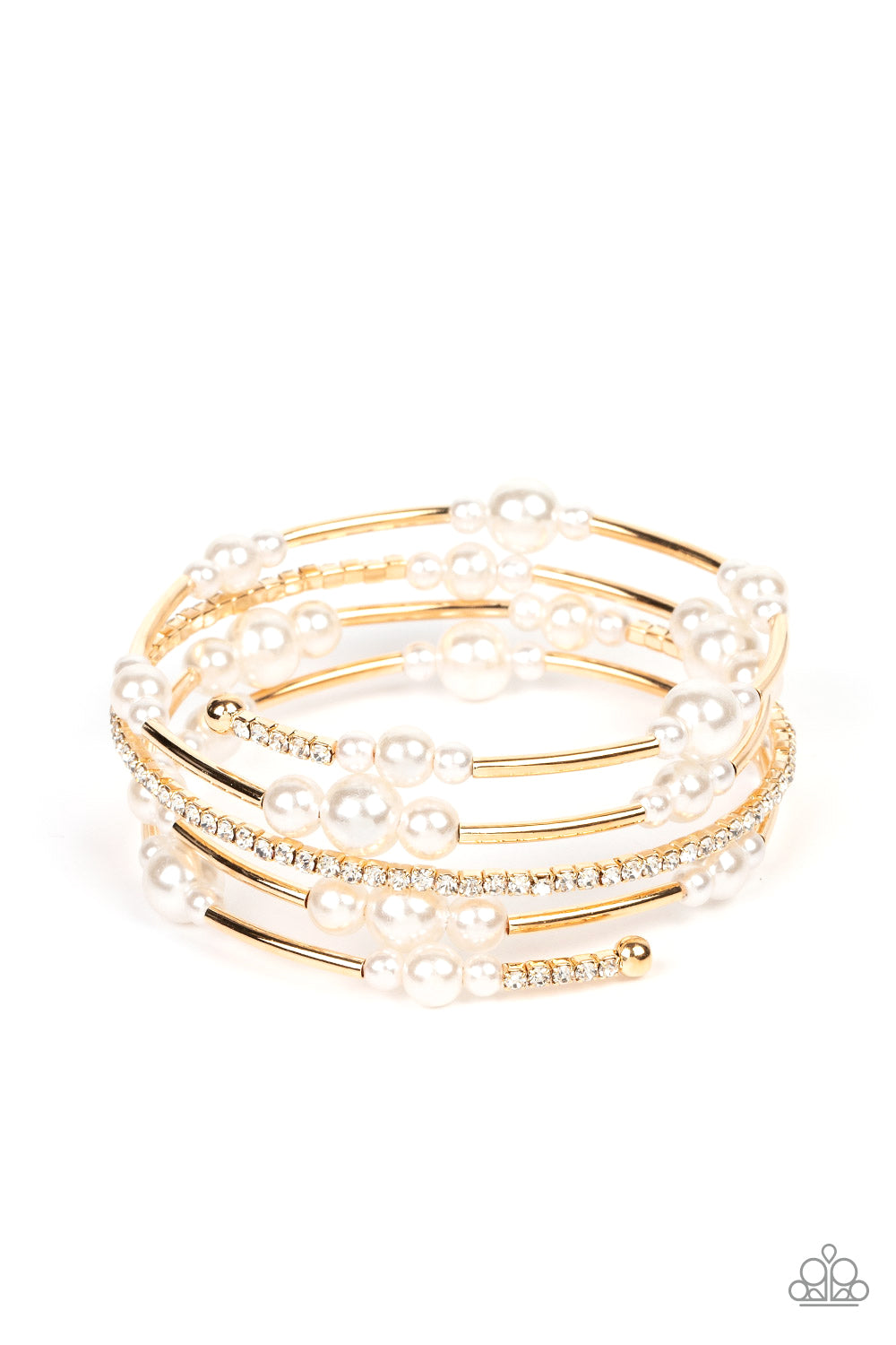 Marina Masterpiece - Gold Beads, White Pearls, & White Rhinestone Paparazzi Coil Bracelet