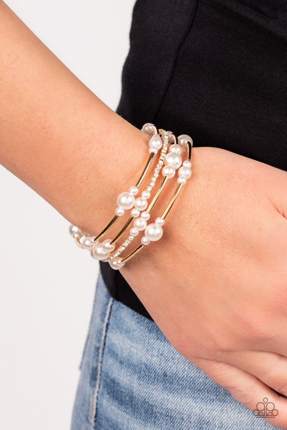 Marina Masterpiece - Gold Beads, White Pearls, & White Rhinestone Paparazzi Coil Bracelet