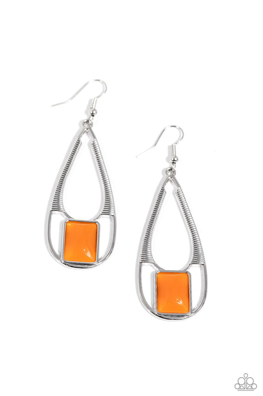 Adventure Story - Orange Rectangular Bead/Elongated Silver Teardrop Paparazzi Earrings