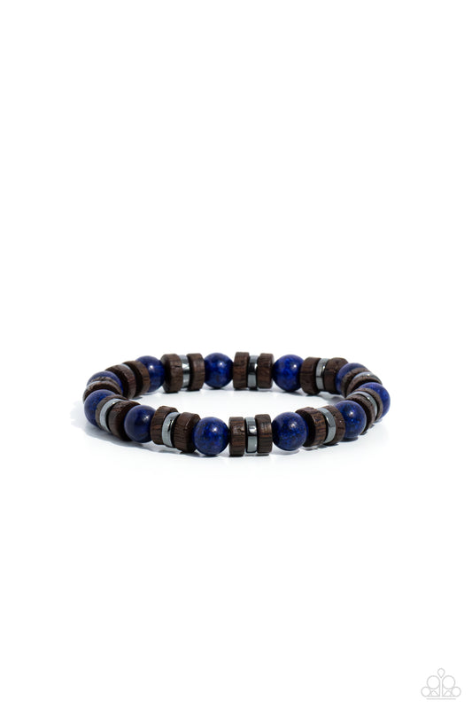 Earthy Empath - Blue Stone Beads/Wooden Discs/Gunmetal Accents Paparazzi Stretch Bracelet