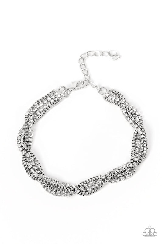 Box Office Bling - White Rhinestone & Silver Box Chain Paparazzi Adjustable Bracelet