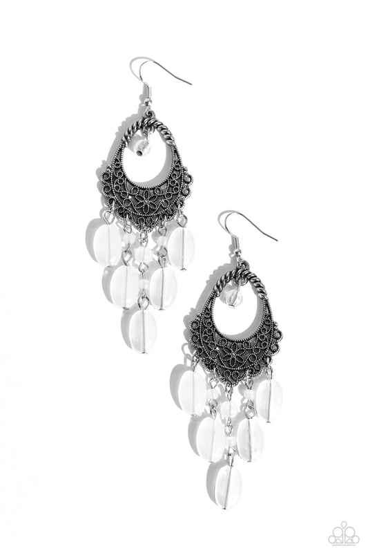 Botanical Escape - White Beads/Silver Filigree Teardrop Frame Paparazzi Earrings