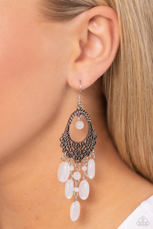 Botanical Escape - White Beads/Silver Filigree Teardrop Frame Paparazzi Earrings