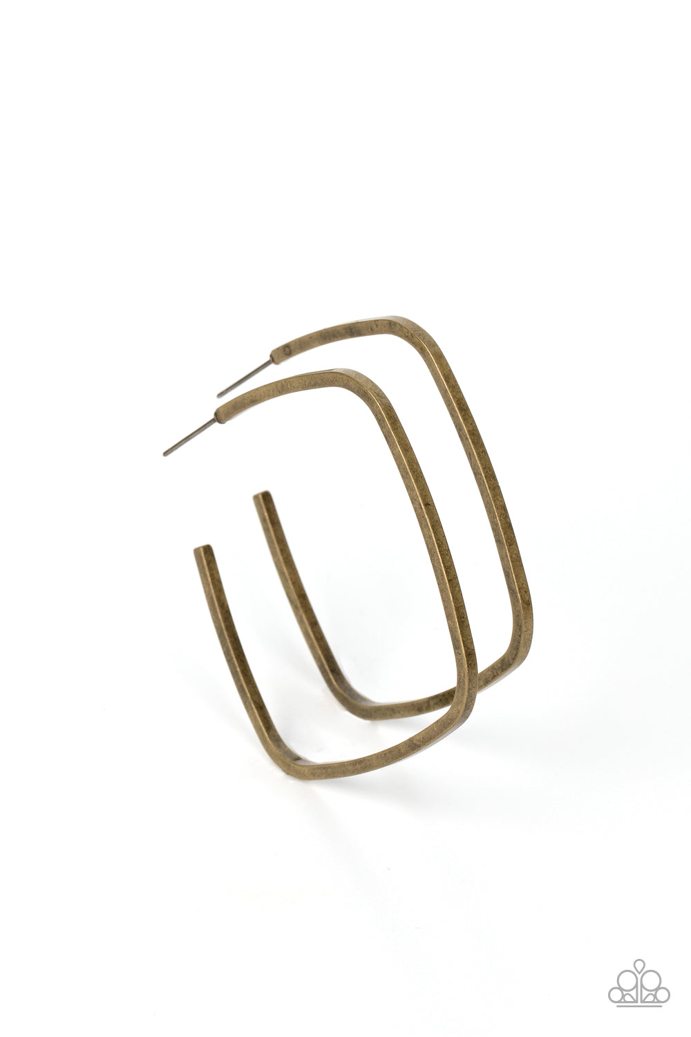 Major Flex - Brass Tilted Cube-Shaped Hoop Paparazzi Post Earrings