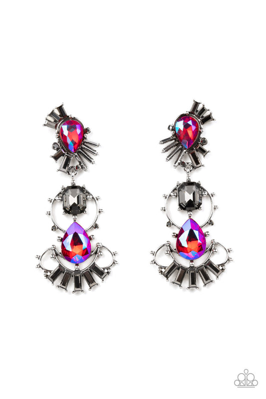 Ultra Universal - Pink Iridescent Gems/Smoky Emerald Cut Rhinestone/Abstract Frame Paparazzi Post Earrings