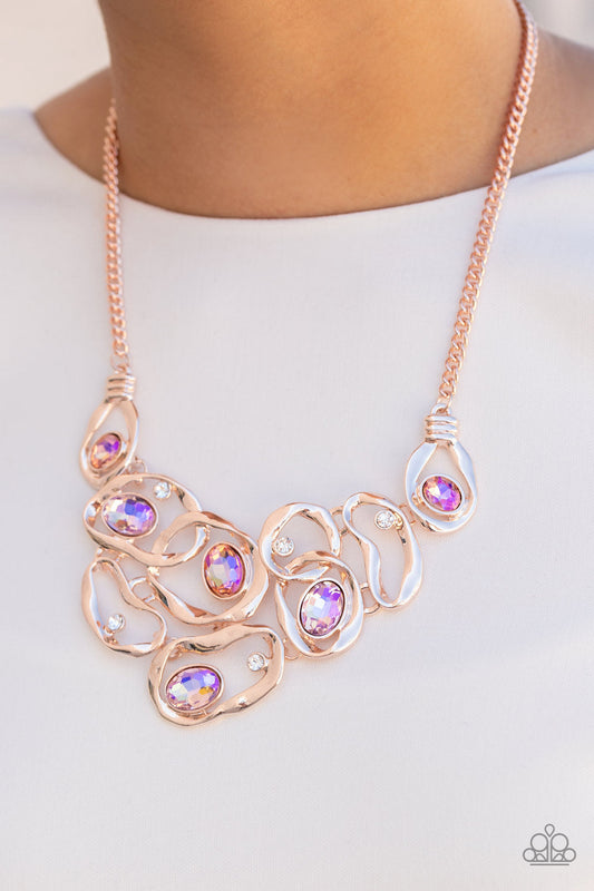 Warp Speed - Rose Gold Warped Frames/White & Iridescent Peach Gem Paparazzi Necklace & matching earrings