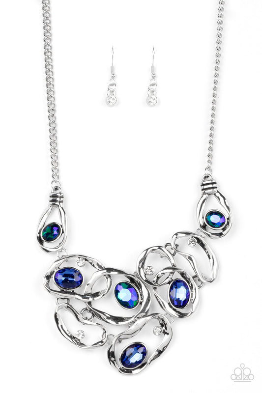 Warp Speed - Blue Iridescent Gems/White Rhinestones/Asymmetrical Warped Silver Frame Paparazzi Necklace & matching earrings