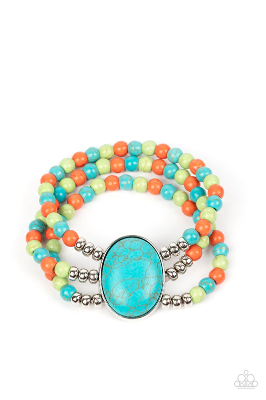 Stone Pools - Multi Turquoise, Green, & Orange Stone Paparazzi Stretch Bracelet