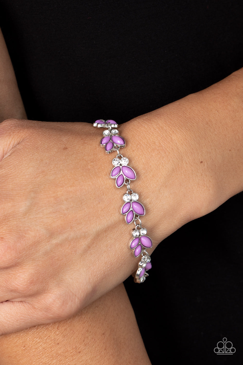Vineyard Variety - Purple Beads & White Rhinestone Leaf Accent Paparazzi Adjustable Bracelet