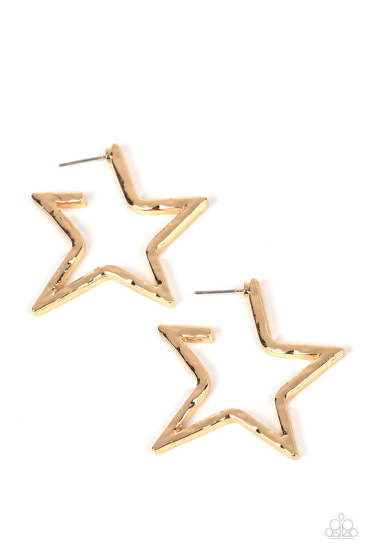 All-Star Attitude - Gold Hammered Star Paparazzi Hoop Earrings