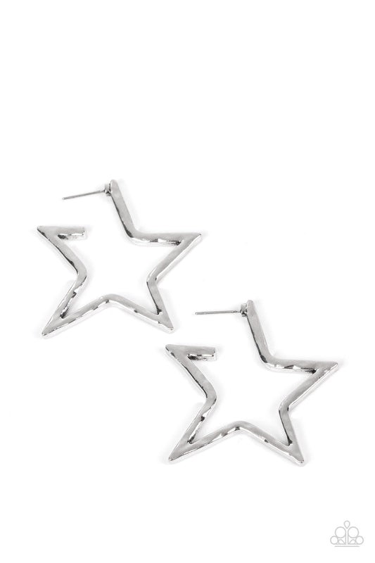 All-Star Attitude - Silver Hammered Star Paparazzi Hoop Earrings