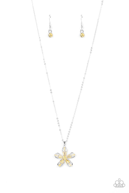 Botanical Ballad - Yellow Emerald-Cut Rhinestone Flower Pendant Paparazzi Necklace & matching earrings