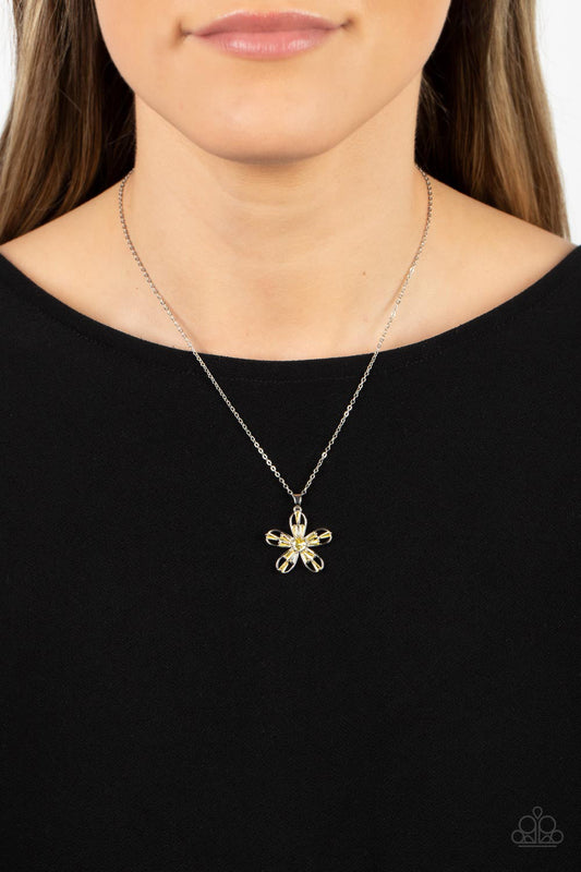 Botanical Ballad - Yellow Emerald-Cut Rhinestone Flower Pendant Paparazzi Necklace & matching earrings