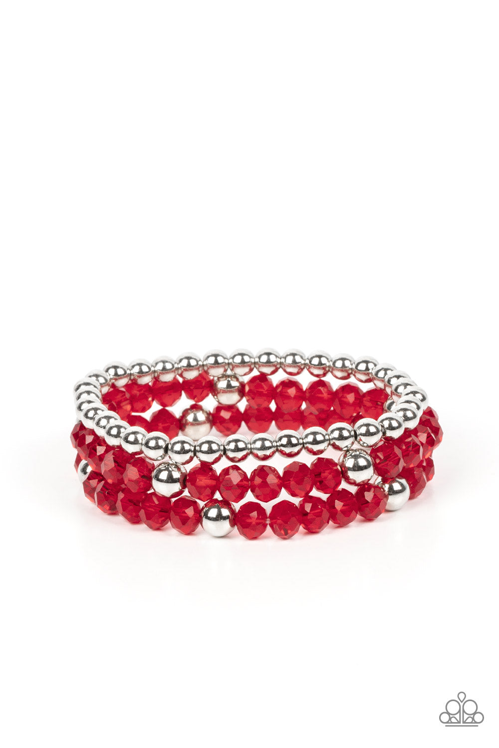 Prismatic Perceptions - Red Crystal-Like Beads & Silver Beaded Set of 3 Paparazzi Stretch Bracelets