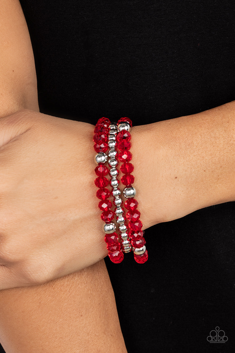 Prismatic Perceptions - Red Crystal-Like Beads & Silver Beaded Set of 3 Paparazzi Stretch Bracelets