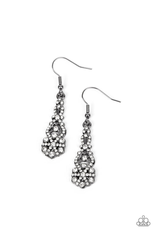 GLITZY on All Counts - Gunmetal Interwoven Ribbons & White Rhinestone Paparazzi Earrings