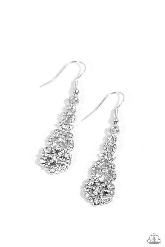 GLITZY on All Counts - White Rhinestone Encrusted Silver Interwoven Ribbons Paparazzi Earrings