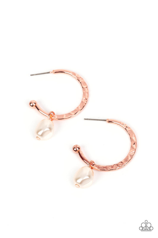 GLAM Overboard - Copper Hammered Hoop & Imperfect White Pearl Paparazzi Earrings