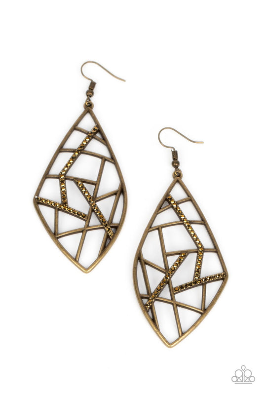 Geo Grid - Brass Antiqued Abstract Bars & Aurum Rhinestone Paparazzi Earrings