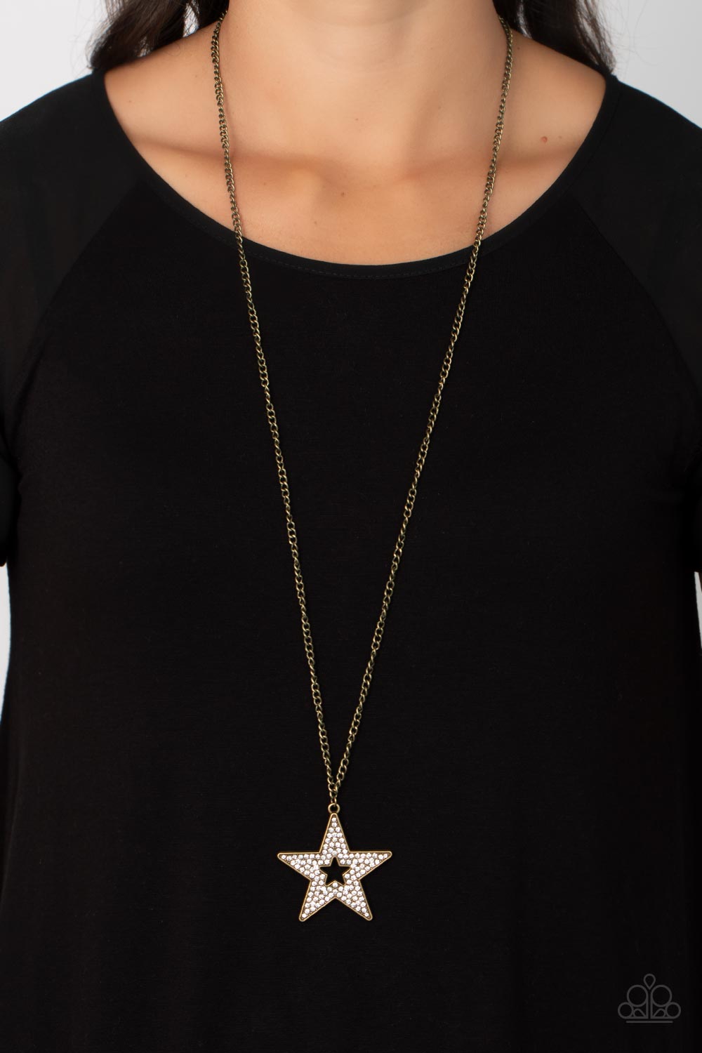 Superstar Stylist - Brass/White Rhinestone Star Pendant Paparazzi Necklace & matching earrings