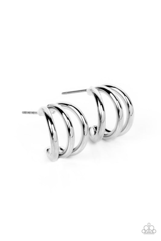 TRIPLE Down - Silver Triple Dainty Silver Curved Frame Paparazzi Hoop Earrings