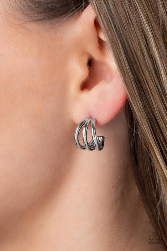 TRIPLE Down - Silver Triple Dainty Silver Curved Frame Paparazzi Hoop Earrings