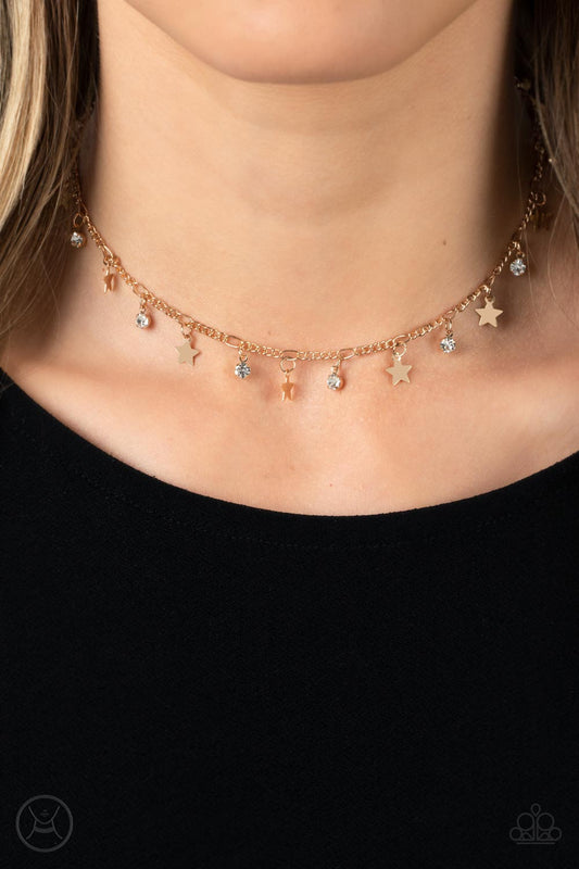 Little Lady Liberty - Gold Stars & White Rhinestone Paparazzi CHOKER Necklace & matching earrings