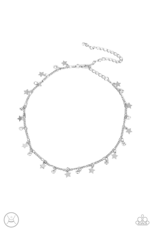 Little Lady Liberty - White Dainty Rhinestones/Silver Stars Paparazzi Choker Necklace & matching earrings