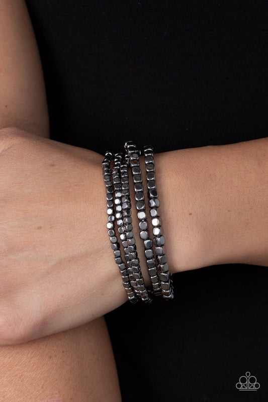 Right on CUBE - Gunmetal Cube Beaded Paparazzi Set of 4 Stretch Bracelets