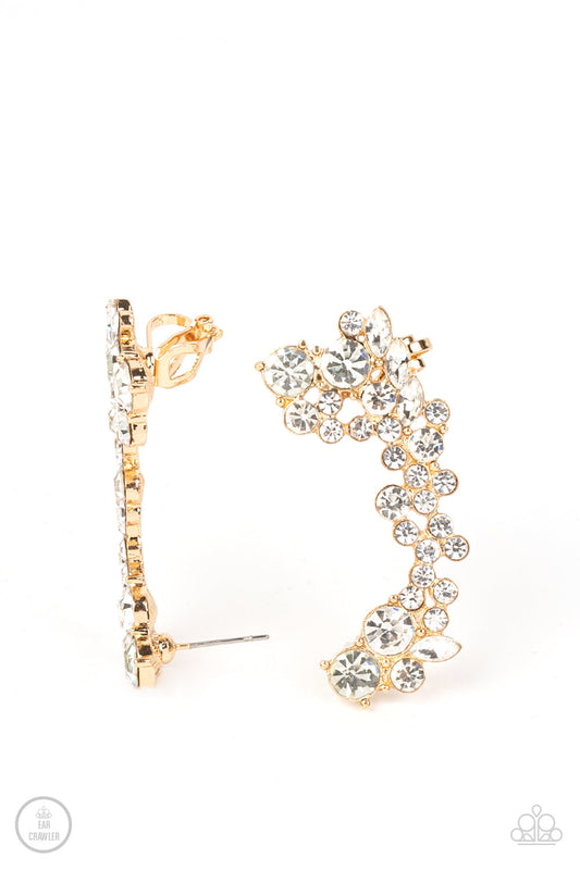 Astronomical Allure - Gold Frame & White Rhinestone Paparazzi Ear Crawler Earrings