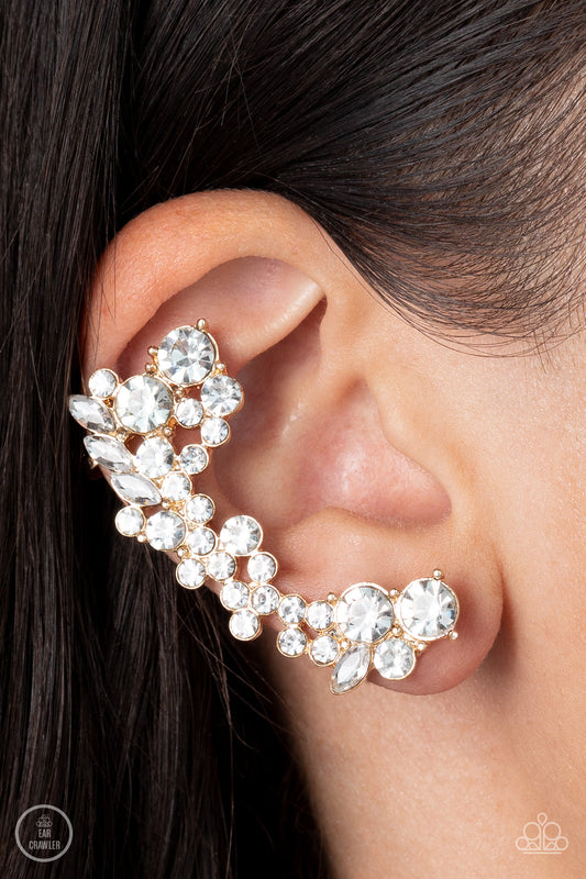Astronomical Allure - Gold Frame & White Rhinestone Paparazzi Ear Crawler Earrings