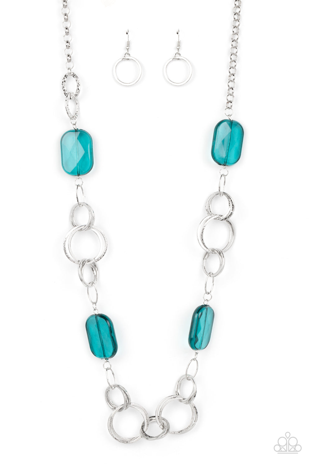 Stained Glass Glamour - Blue Oversize Bead/Hammered Silver Hoop Paparazzi Necklace & matching earrings
