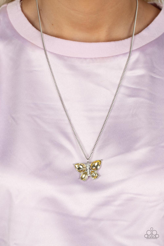 Free-Flying Flutter - Yellow Rhinestone Butterfly Pendant Paparazzi Necklace & matching earrings