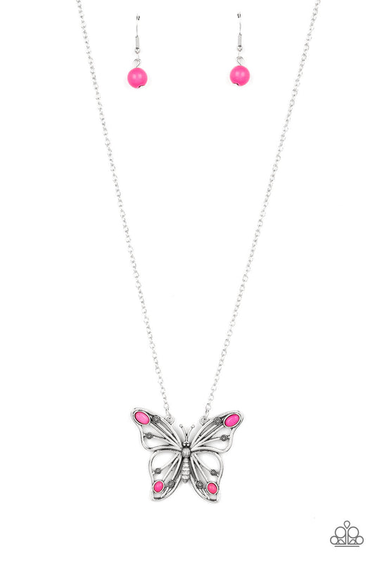 Badlands Butterfly - Pink Oval Stones/Decorative Silver Butterfly Pendant Paparazzi Necklace & matching earrings