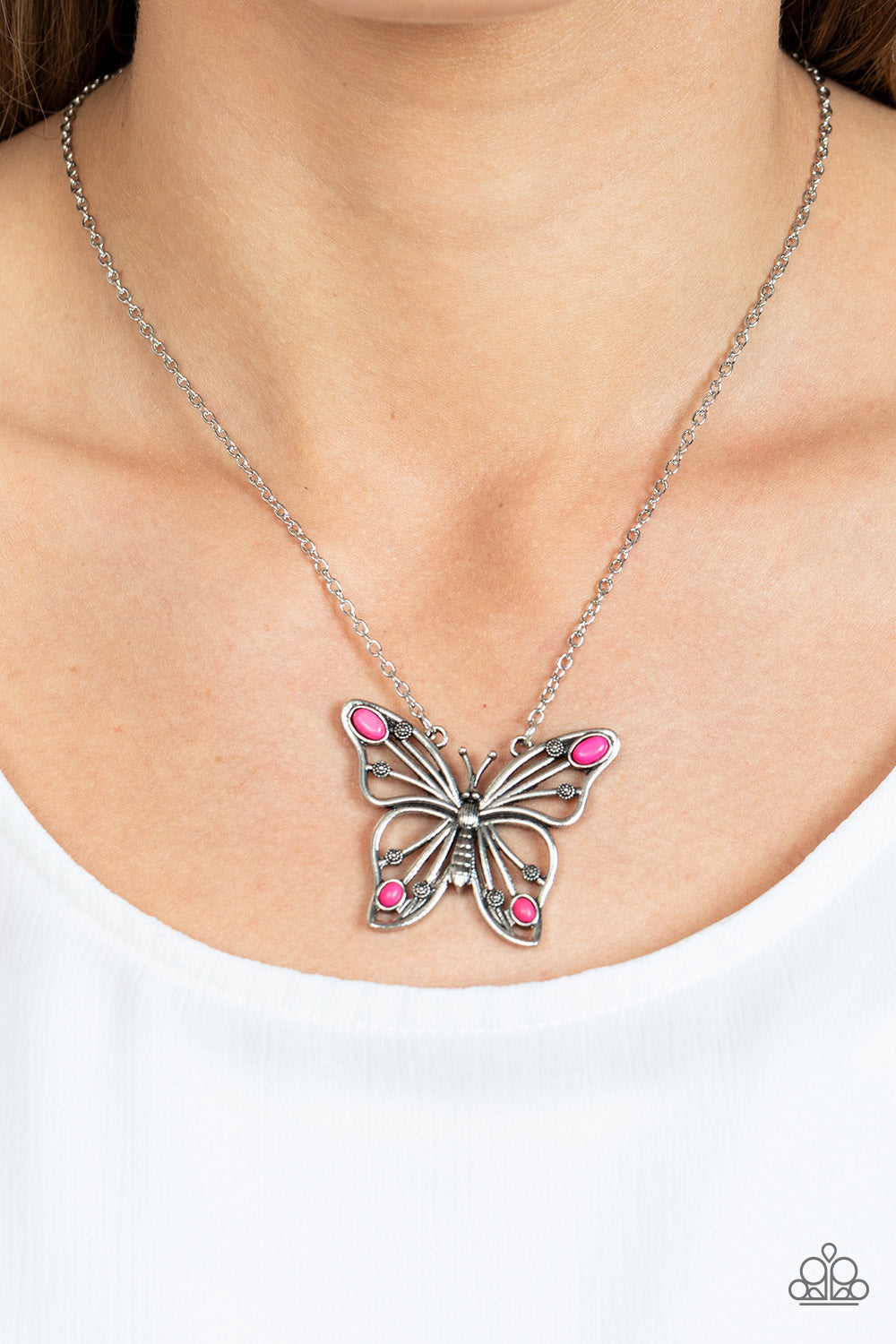 Badlands Butterfly - Pink Oval Stones/Decorative Silver Butterfly Pendant Paparazzi Necklace & matching earrings
