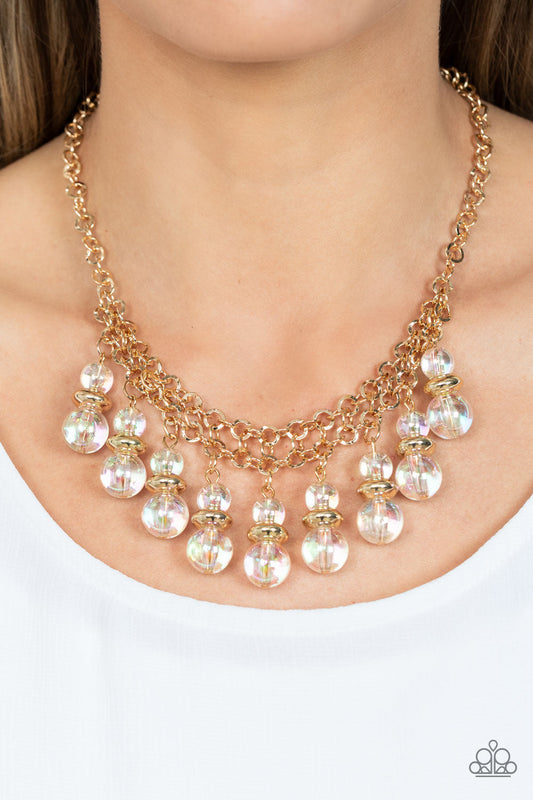 Deep Space Diva - Gold Discs & Iridescent Beaded Paparazzi Fringe Necklace